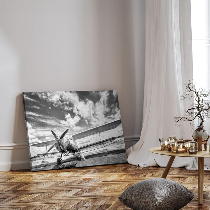 wandmotiv24 Leinwandbild Schwarz-Weiss, 80x60cm, Querformat, Flugzeug, Deko, Bilder auf Leinwand, Wa
