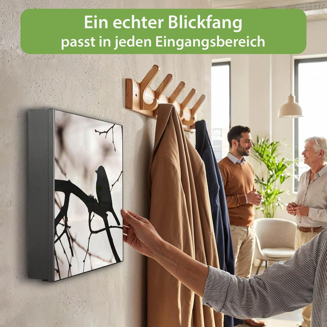 banjado® Grosser Schlüsselkasten Glas/Schlüsselbox 30cm x 30cm mit 50 Haken - Motiv Früher Vogel/Sch