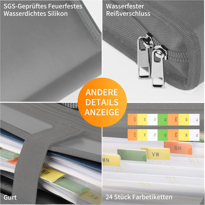 JUNDUN Fächermappe - Dokumentenmappe a4 mit mehreren Fächern - Feuerfest Dokumententasche mit Reissv