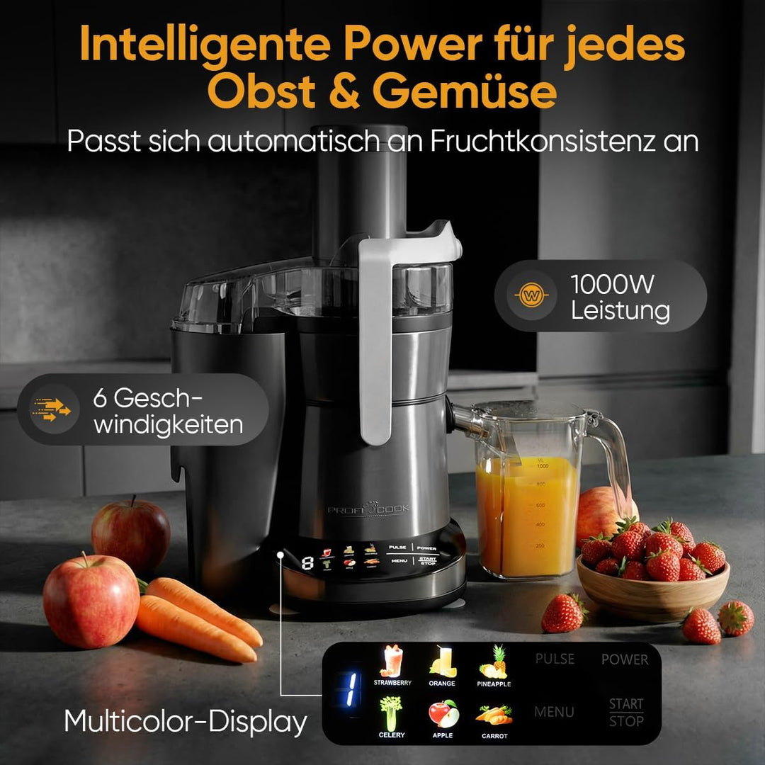 ProfiCook® Entsafter | leicht zu reinigender Slow Juicer | XXL-Einfüllschacht | 1000W Longlife-Motor