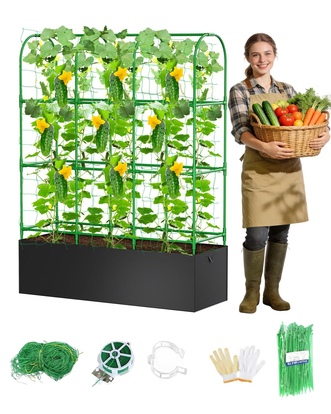 Gurken Rankhilfe 127 x 162cm mit Pflanztasche, 2-in-1 Rankhilfe für Gurken & Tomaten, Höhenverstellb