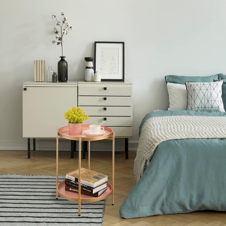 HollyHOME Runder Beistelltisch, 2 Ebenen Beistelltisch Metalltablett, Snacktisch, Couchtisch, Teetis