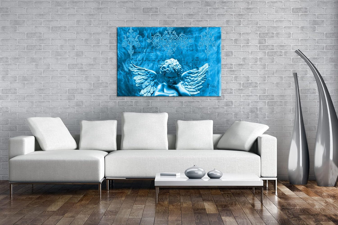 deyoli goldene Engelsstatur Format 80x60 Effekt: Monocrome Blau als Leinwandbild, Motiv fertig gerah