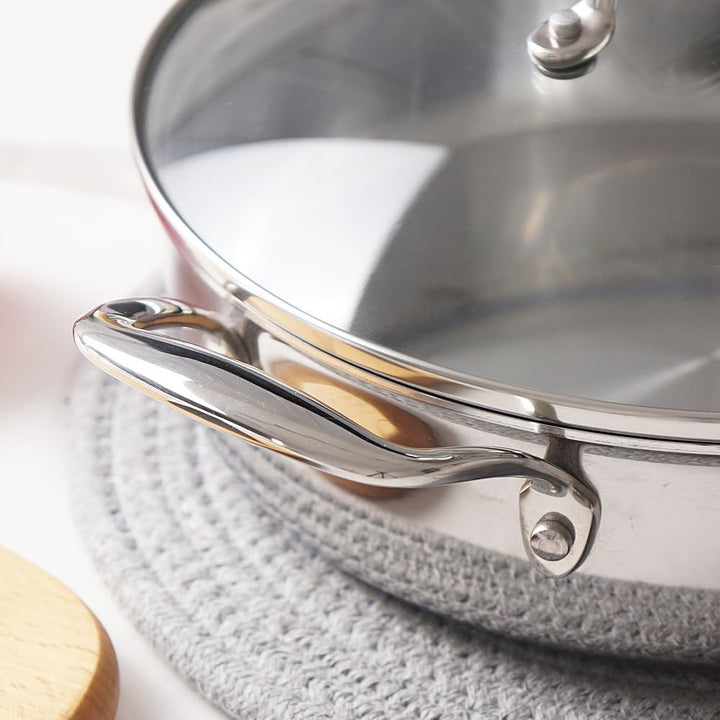 HOMICHEF Spiegelpolierte, nickelfreie Edelstahl-Sautépfanne mit Glasdeckel (keine giftige Antihaftbe