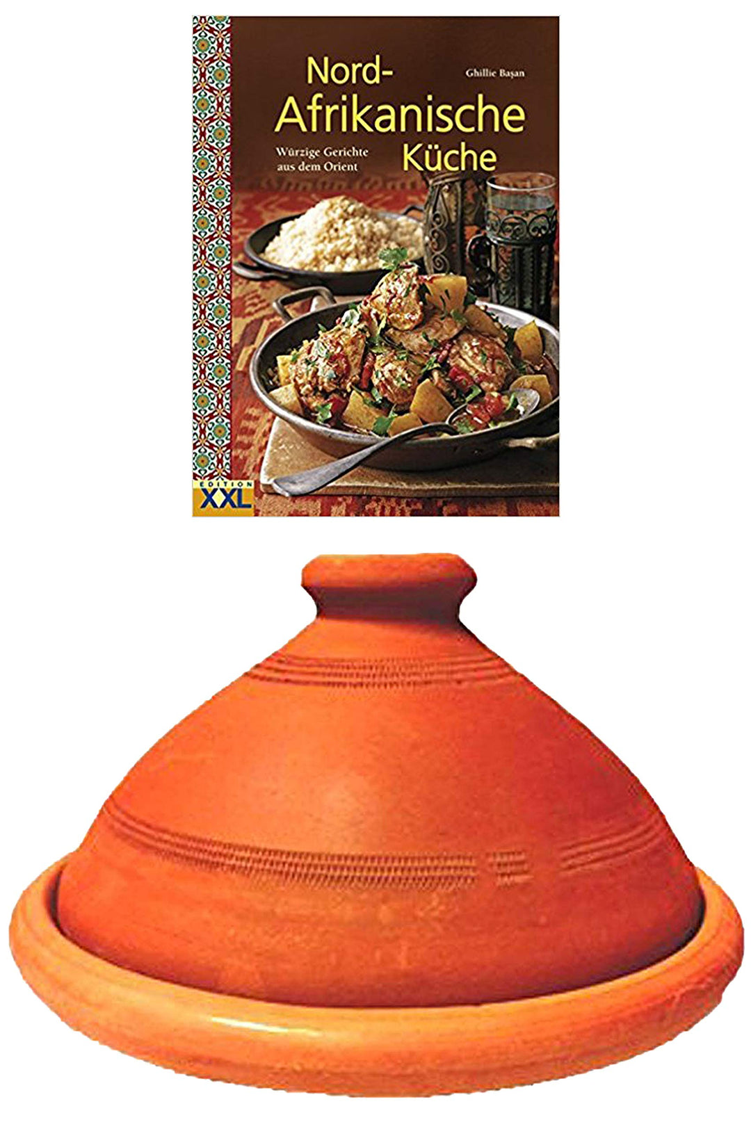 Tajine, original aus Marokko, inklusive Kochbuch Nord Afrikanische Küche, Tontopf zum Kochen, Tuareg
