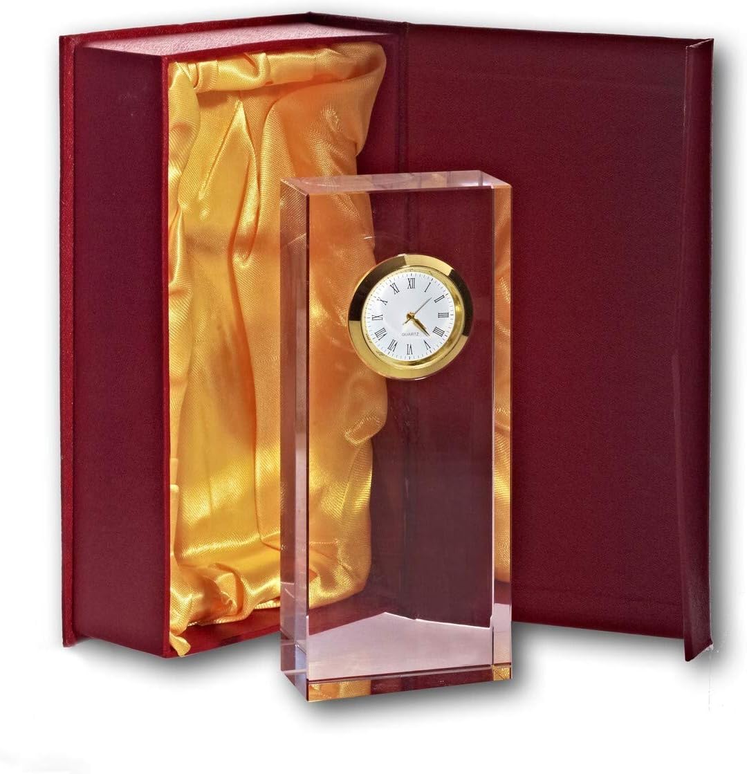 CRISTALICA Glasblockuhr Tischuhr Standuhr für Schreibisch Schrankwand 15cm analog Gold