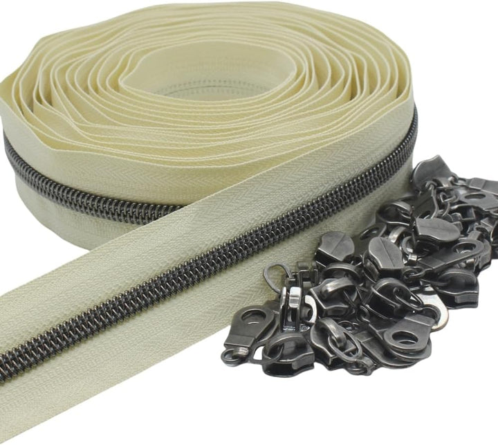 YaHoGa 9 m Altsilber endlos Reissverschluss Meterware Beige Reissverschluss 6mm-Spirale + 25 Nonlock