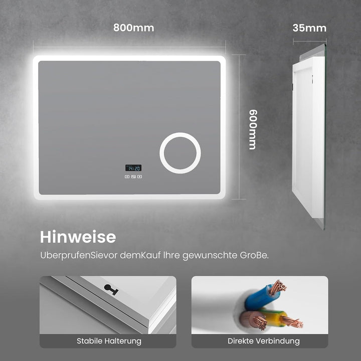 Heilmetz Led Badspiegel 80 x 60 cm Kaltweiss Badezimmerspiegel mit Touch + Bluetooth + Uhr + Beschla