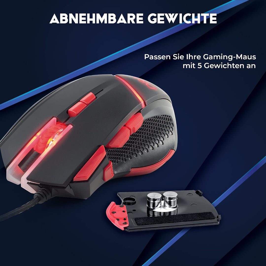 DR1TECH Hunter+ Professional Gaming Maus Mit Kabel [5 Auswechselbare Gewichte + Triple FIRE] - 9 Tas