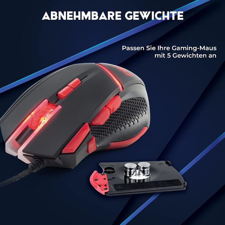 DR1TECH Hunter+ Professional Gaming Maus Mit Kabel [5 Auswechselbare Gewichte + Triple FIRE] - 9 Tas