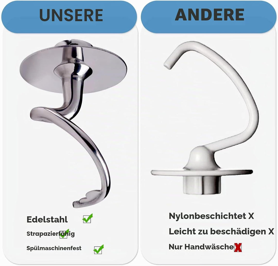 Knethaken Edelstahl für KitchenAid 4,5–5 Quart Mittelgrosse Küchenmaschinen mit kippbarem Motorkopf,