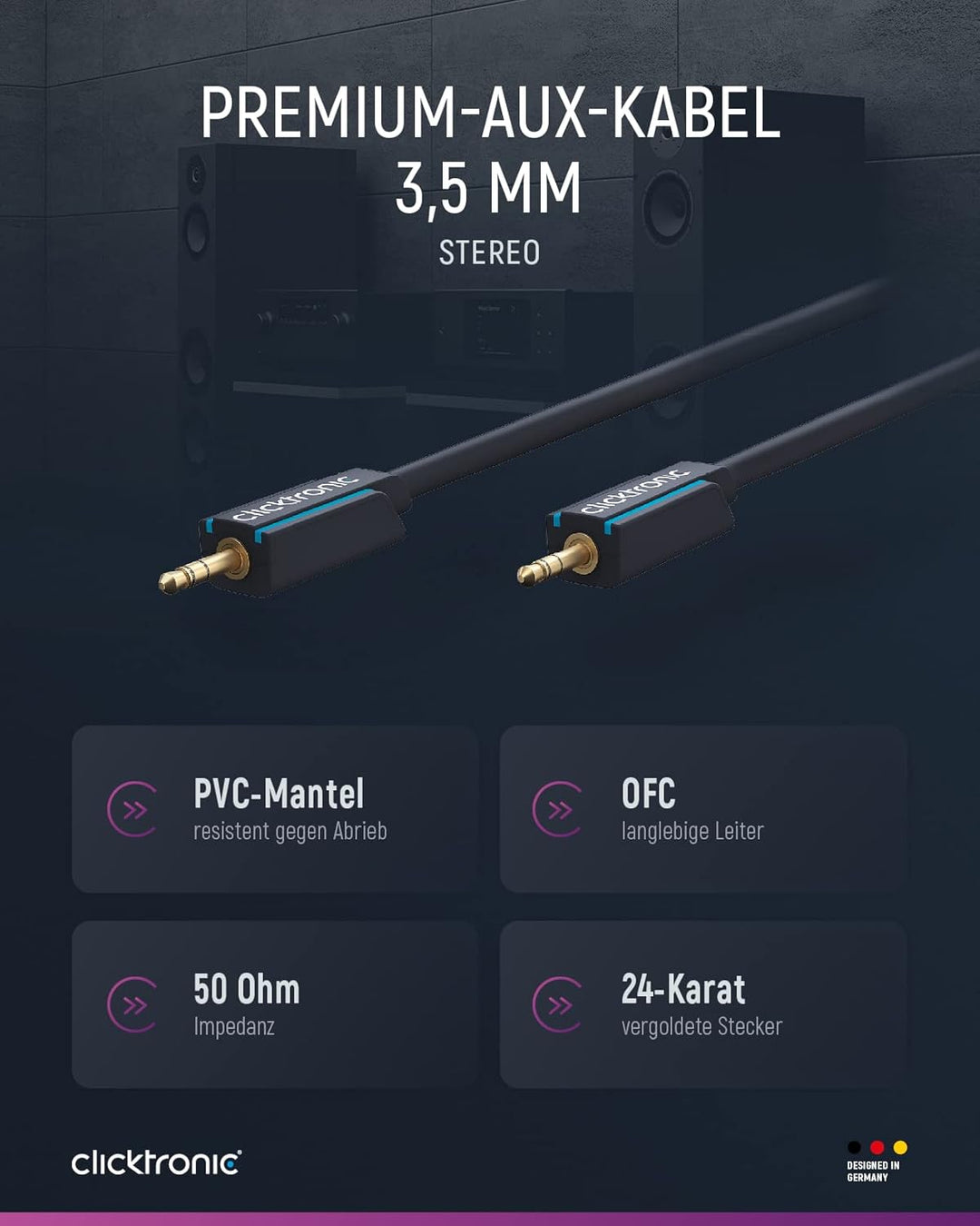Clicktronic Aux Kabel 3.5mm Audio Kabel mit Kupferleiter, Klinkenkabel für Kopfhörer, Apple iPhone i