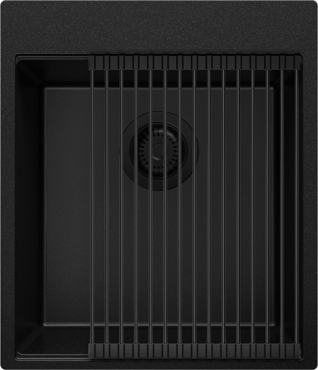 PRIMAGRAN Spülbecken Alles Schwarz 43x50cm, Granitspüle 1 Becken + Ablauf-Set + Aufrollbare Abtropff