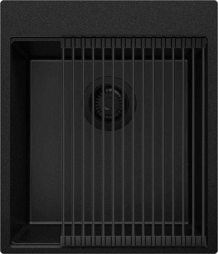 PRIMAGRAN Spülbecken Alles Schwarz 43x50cm, Granitspüle 1 Becken + Ablauf-Set + Aufrollbare Abtropff
