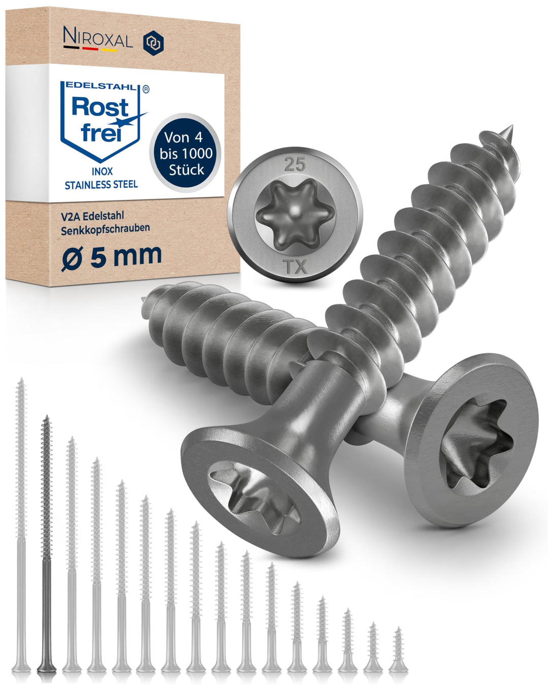 Edelstahlschrauben Torx Holzschrauben 5x100 Edelstahl V2A rostfrei Spanplattenschrauben für Holz Tei