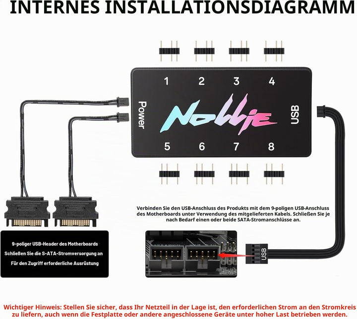 8-Port Signal RGB Controller – SATA-gespeister ARGB-Controller PC-Beleuchtungs-Hub, 5V 3PIN ARGB-Spl