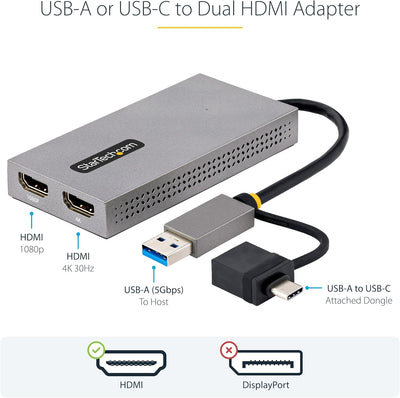 StarTech.com Dual Monitor Adapter, USB A/C auf 2x HDMI (1x 4K30Hz, 1x 1080p), externe grafikkarte, 1