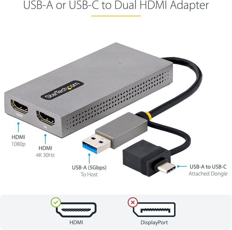 StarTech.com Dual Monitor Adapter, USB A/C auf 2x HDMI (1x 4K30Hz, 1x 1080p), externe grafikkarte, 1