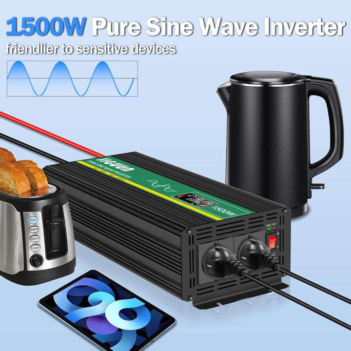 JIGUUN 1500W Wechselrichter Reiner Sinus Spannungswandler 12V 230V Inverter mit 2 EU Steckdosen& 2.1