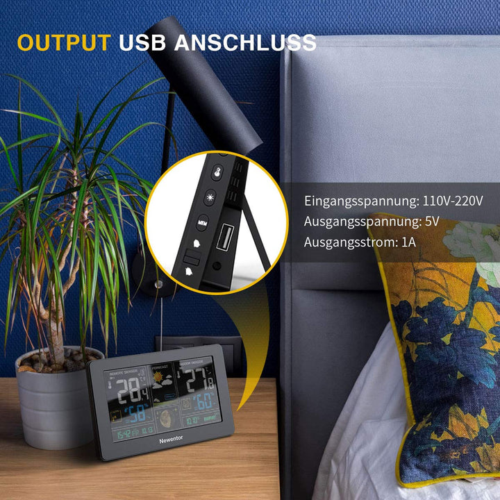 Newentor Wetterstation Funk mit Aussensensor - Funkwetterstation mit Wettervorhersage, Temperaturwar