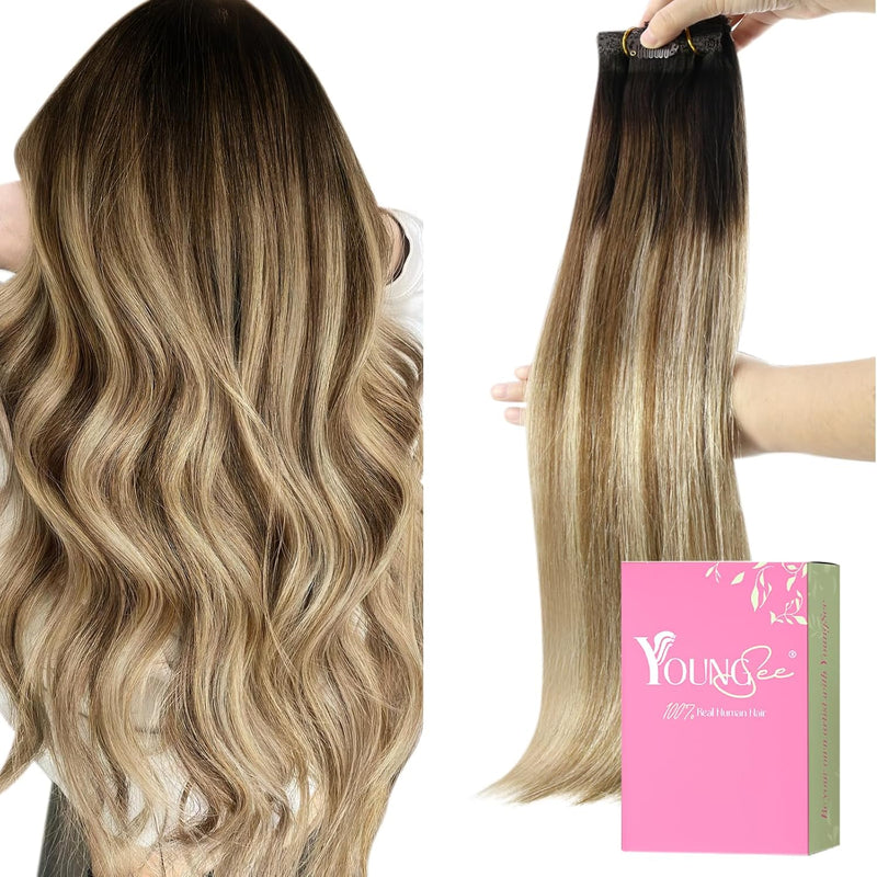 YoungSee Echthaar Extensions Clip Balayage 35cm Clip in Extensions Echthaar Braun Balayage Blond Inv