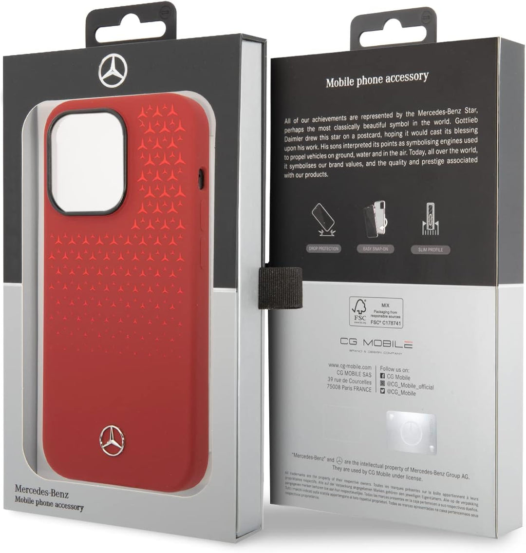 CG MOBILE Mercedes-Benz Schutzhülle für iPhone 14 Pro in Rot Farbverlauf Stern Muster Flüssigsilikon