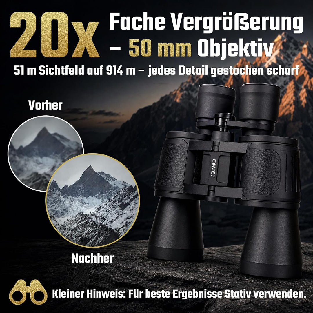Comet Fernglas (20x50) Binocular Feldstecher Jagdfernglas Spektiv Fernrohr inkl. Tragekordel, Schult
