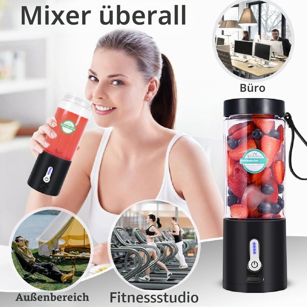 Tragbarer Mixer, Smoothie Maker to go für Shakes und Smoothies mit 6 scharfen Klingen, USB-wiederauf