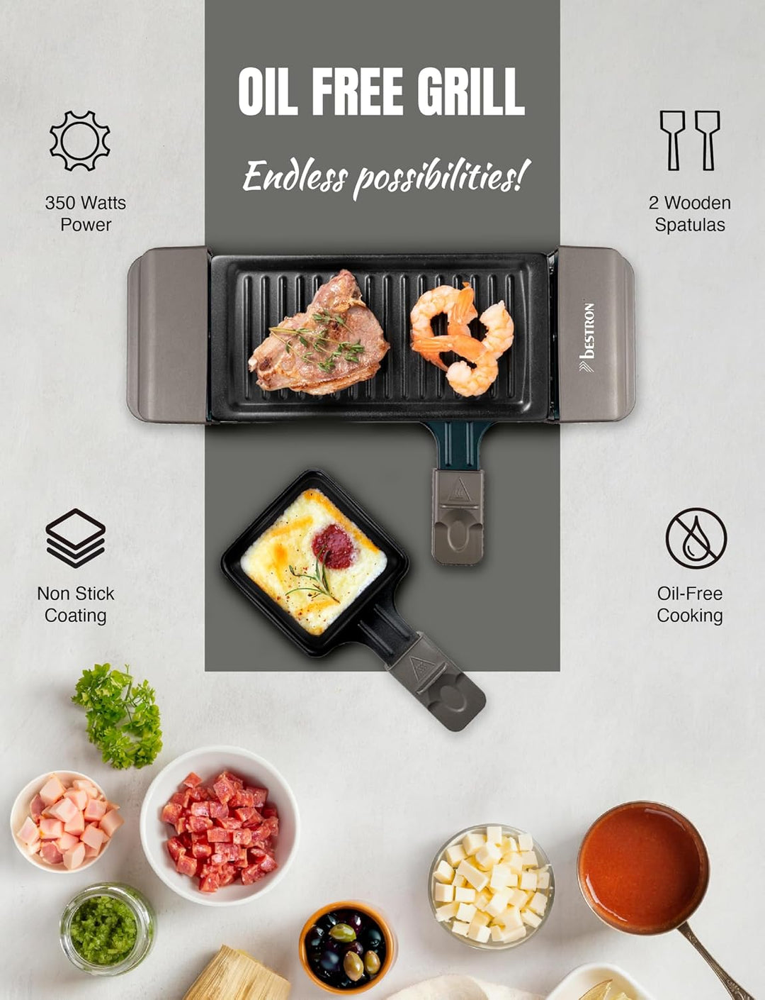 Bestron Raclette für 1 bis 2 Personen, Mini Tischgrill mit zwei Pfännchen, zwei Holzschabern &amp; zwei