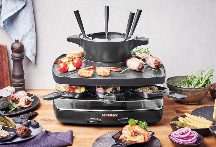GASTROBACK 42567 Raclette Fondue Set Family and Friends, für 8 Personen mit grosser Gerippter Grillp