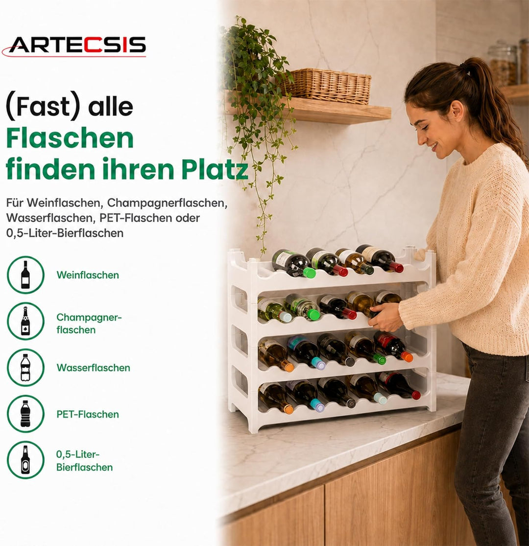 ARTECSIS® Weinregal stapelbar & modular erweiterbar Kunststoff für 24 Weinflaschen (weiss) - Stabile