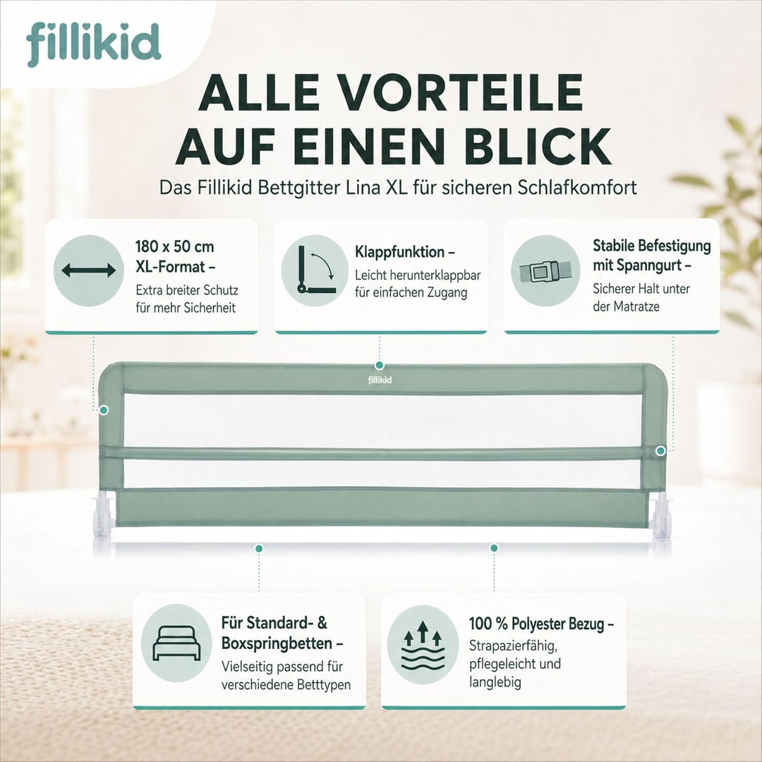 Fillikid Bettgitter Lina XL 180 x 50 cm Exklusiv | Rausfallschutz für Kinderbett & Boxspringbett | K