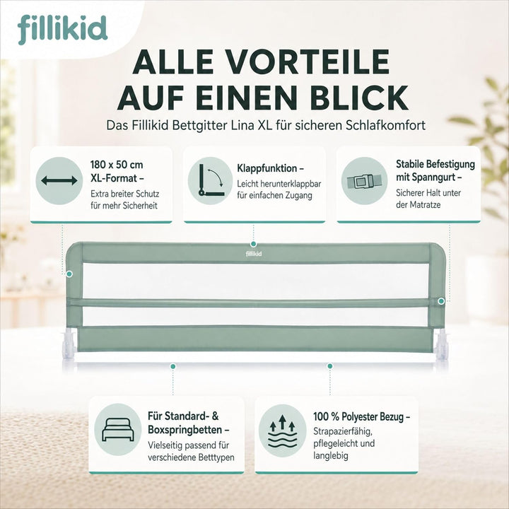 Fillikid Bettgitter Lina XL 180 x 50 cm Exklusiv | Rausfallschutz für Kinderbett & Boxspringbett | K
