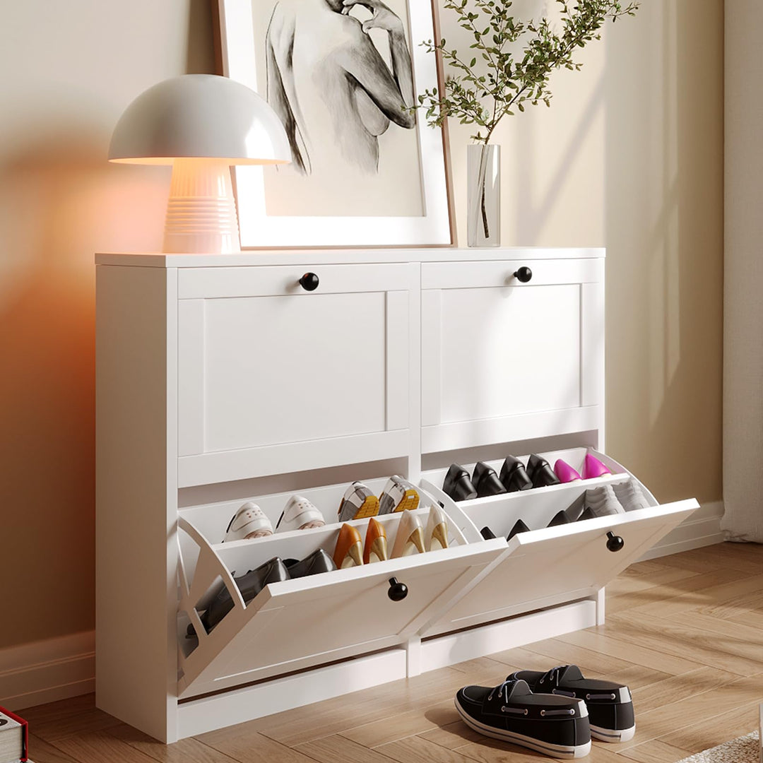 VOWNER Schuhschrank Schuhkipper Schmal 105x24x80cm (Weiss) | Schuhregal mit 4 Klappen, 8 Fächern, ve