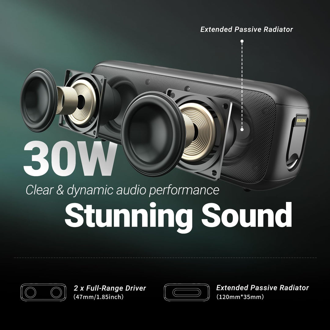 BOGASING G6 Tragbarer Bluetooth Lautsprecher, Lautsprecher Boxen Bluetooth mit 30W Stereo-Sound, 35h
