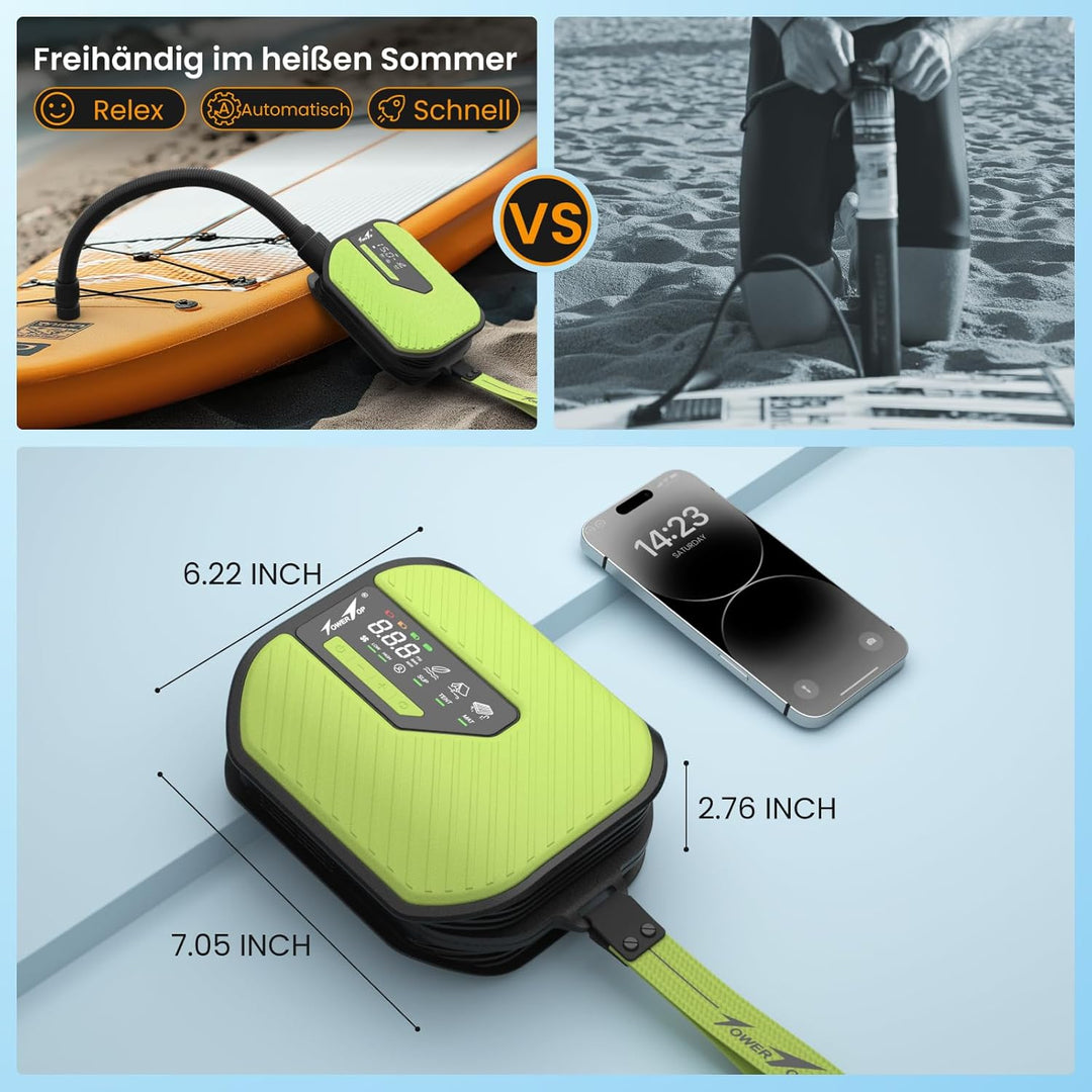 TowerTop Sup Pumpe Akku: 10500mAh Akku Pumpe für Auto/SUP, 50 PSI Stand Up Paddle Pumpe, 12V DC Zwei