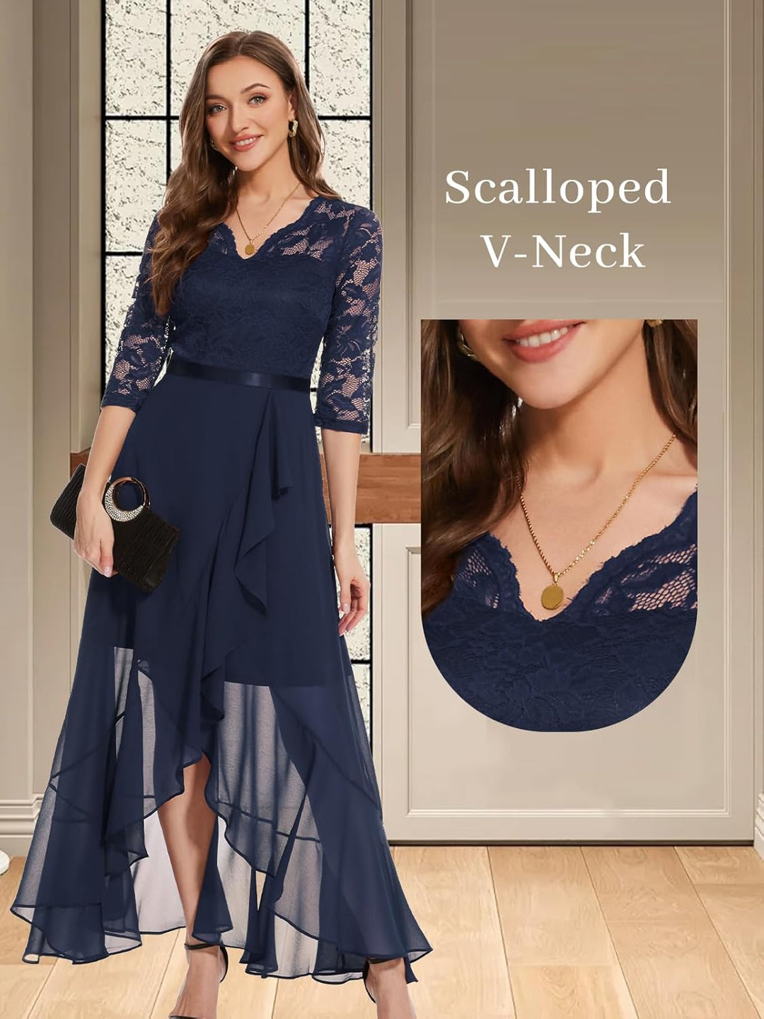 Bbonlinedress Abendkleider elegant für Hochzeit Spitzenkleid Chiffon Hi-Lo Kleid Brautjunferkleid Br