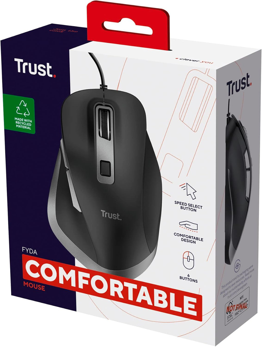 Trust Fyda PC Maus mit Kabel, Nachhaltiges Design, 600-5000 DPI, 6 Tasten, Daumen- und Fingerauflage