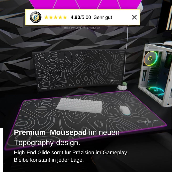 Nyfter - XXL Gaming Mauspad RGB Black im Topography Design 900 x 500mm Premium Mousepad Size Gross v