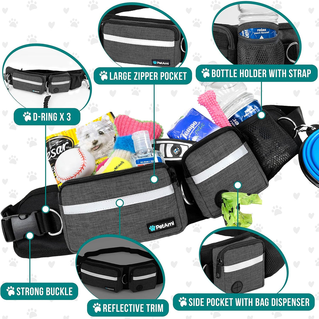 PetAmi Hundeleine, Gürteltasche zum Spazierengehen, Joggen, Tasche mit doppeltem Reissverschluss und