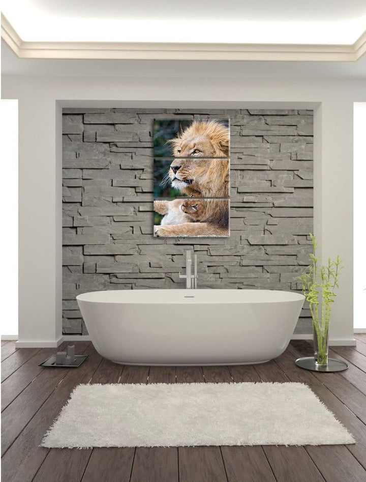 Pixxprint liebevoller Löwe mit Jungtier als Leinwandbild/Grösse: 3 Teilig (120x80) cm/Wandbild/Kunst