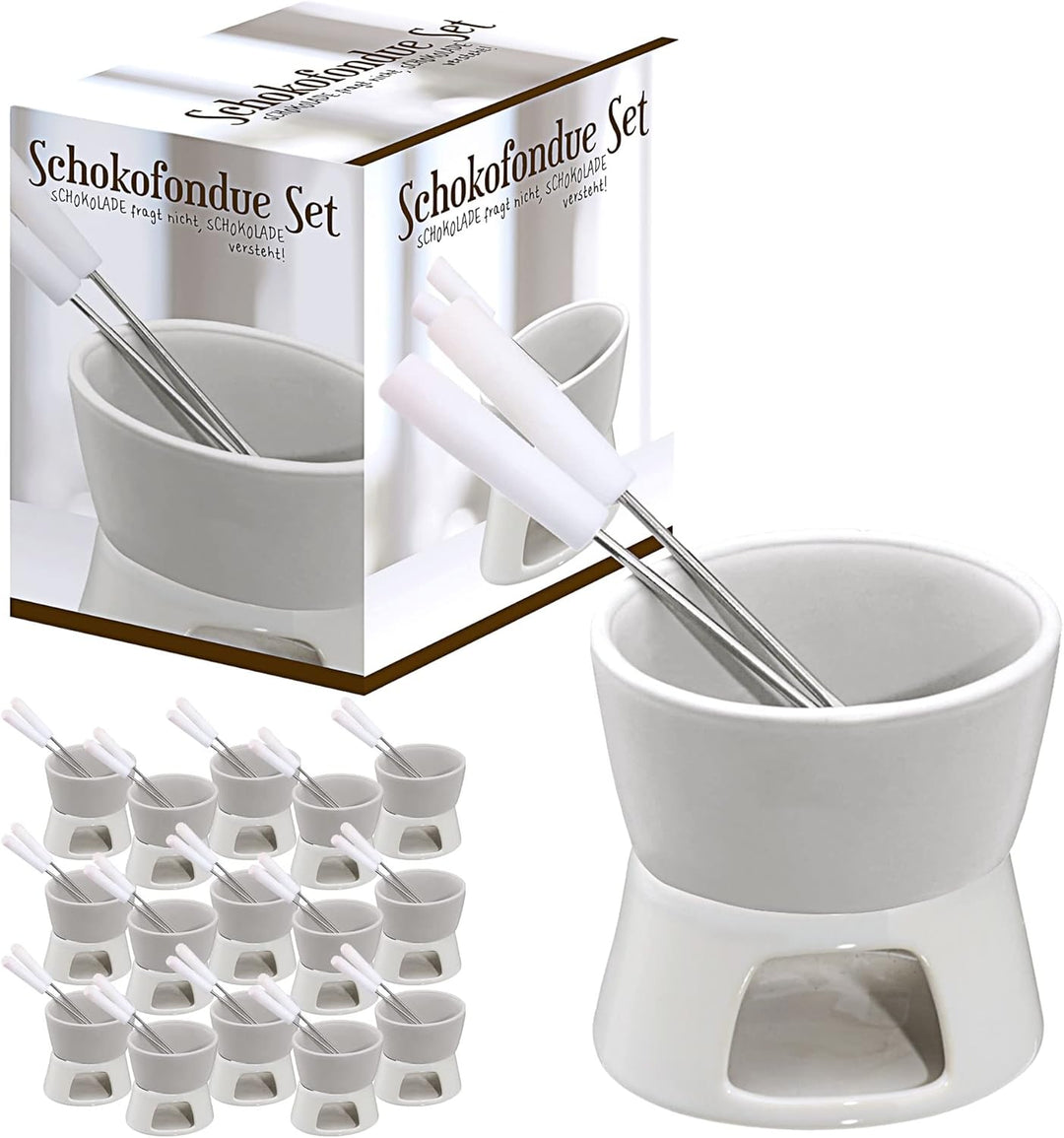 Cepewa 16 x Keramik Schokofondue Set Fondue-Set Schokolandenfondue weiss inkl. 2 Edelstahlgabeln (16