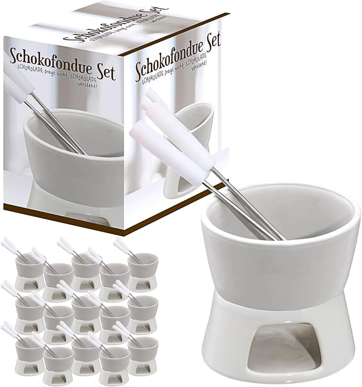 Cepewa 16 x Keramik Schokofondue Set Fondue-Set Schokolandenfondue weiss inkl. 2 Edelstahlgabeln (16