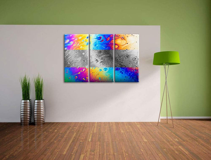 bunte Ölspritzer auf Glas schwarz/weiss 3-Teiler Leinwandbild 120x80 Bild auf Leinwand, XXL riesige