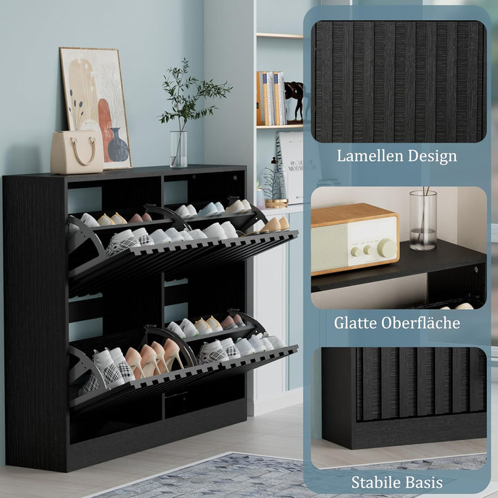 UEV Schuhschrank mit 4 Klappen Holz Schmal Schuhkipper Schuhkommode mit Kippschutz, Schuhaufbewahrun