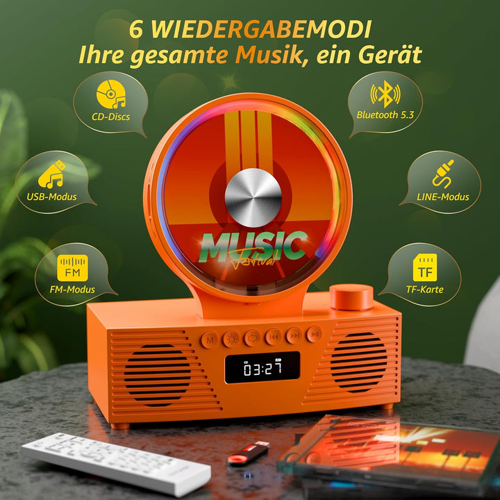 ROADOM Tragbarer CD-Player mit Bluetooth, Hi-Fi Stereo & Akku | Bluetooth TX & RX, 4000mAh Akku, Ret