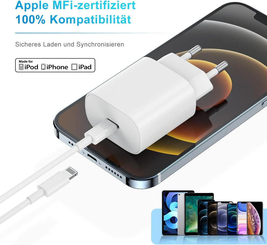2 Pack iPhone Schnellladegerät,Apple Netzteil Ladegerät 20W mit USB C Light-ning Kabel 2M Original,