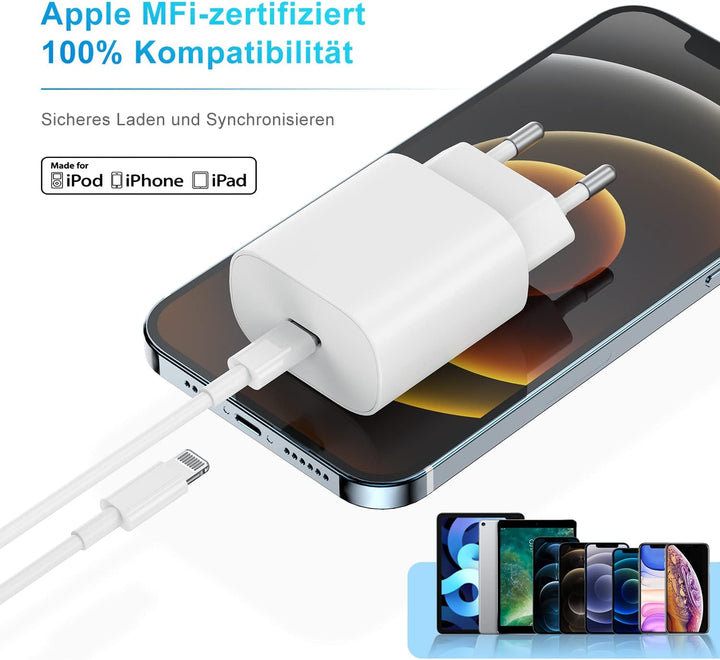 2 Pack iPhone Schnellladegerät,Apple Netzteil Ladegerät 20W mit USB C Light-ning Kabel 2M Original,