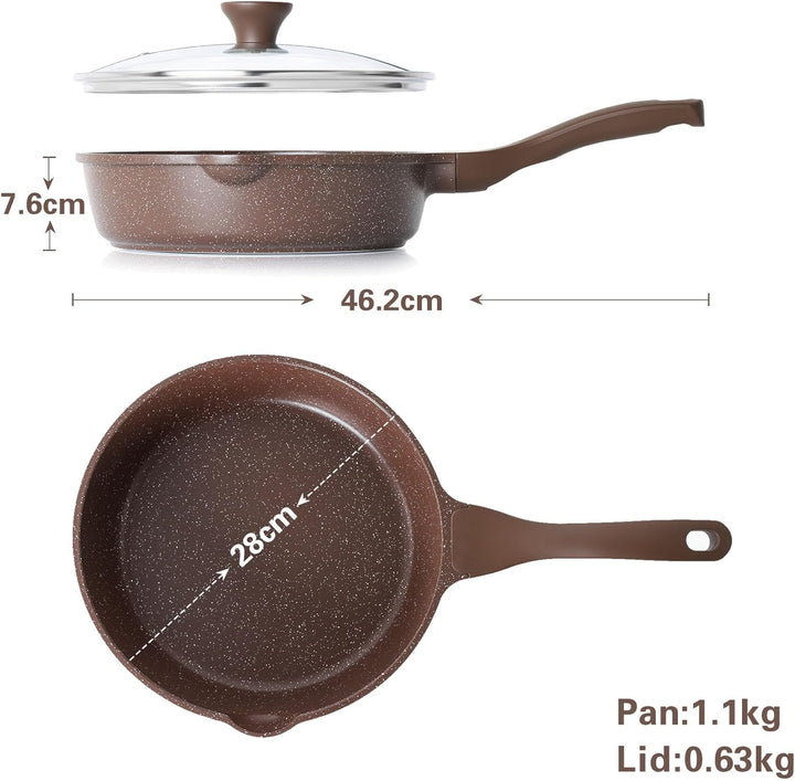 SENSARTE Toffeebraun Antihaft Pfanne 28cm, Tiefe Bratpfanne mit Deckel, Schweizer Granitbeschichtung