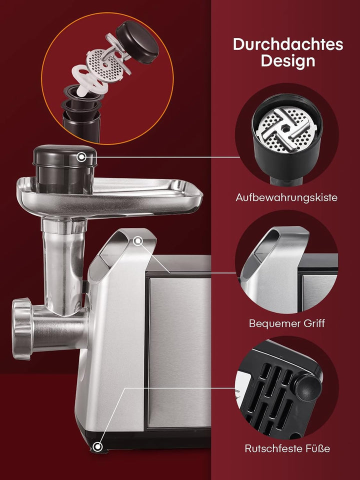Fleischwolf Elektrisch, CompactPower Wurstaufsatz, 1500W Blockierleistung, 450W, 3 Edelstahl Loch-Sc